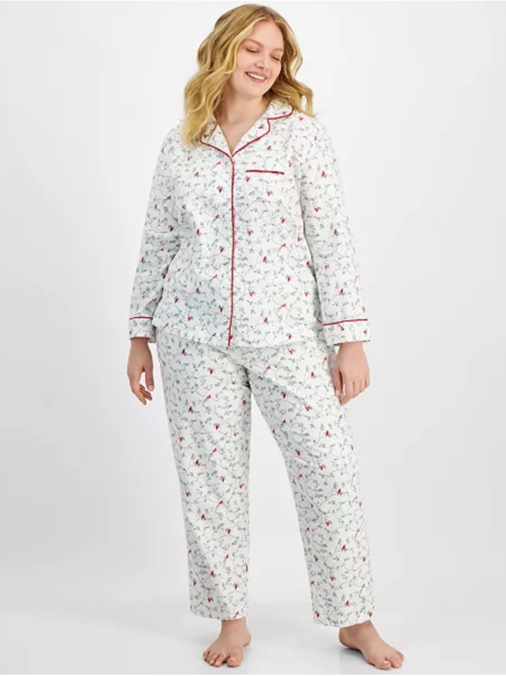 Charter Club White Floral Button-Front Pajama Set with Pink Trim